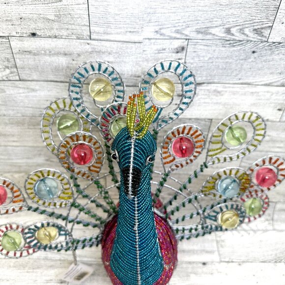NWT BeadWorx Grass Roots Wired Colored Glass 13" Beaded Peacock Figurine - Picture 2 of 10